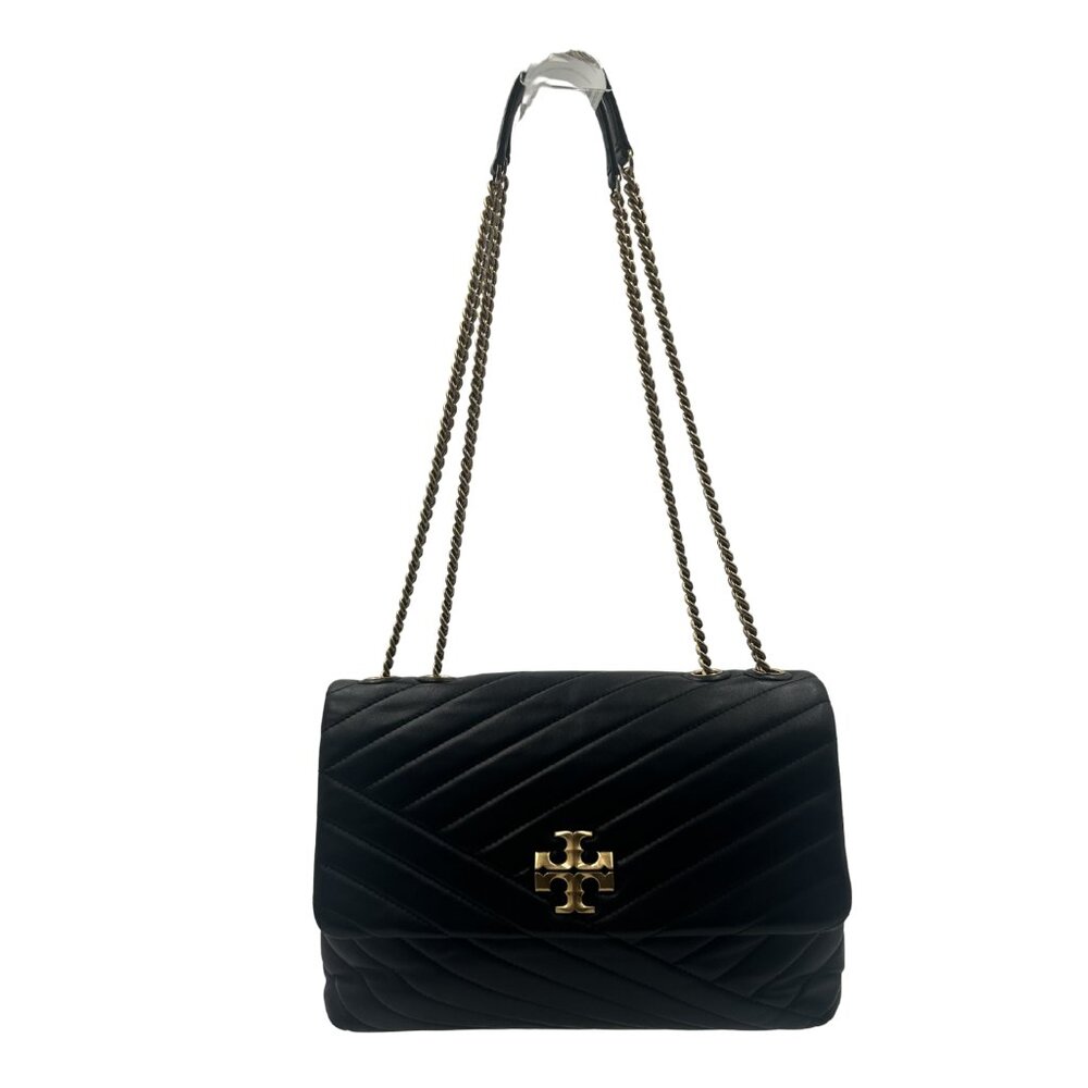TORY BURCH Kira Chevron Convertible Shoulder Bag Purse Black Nappa Leather LN - Picture 2 of 4